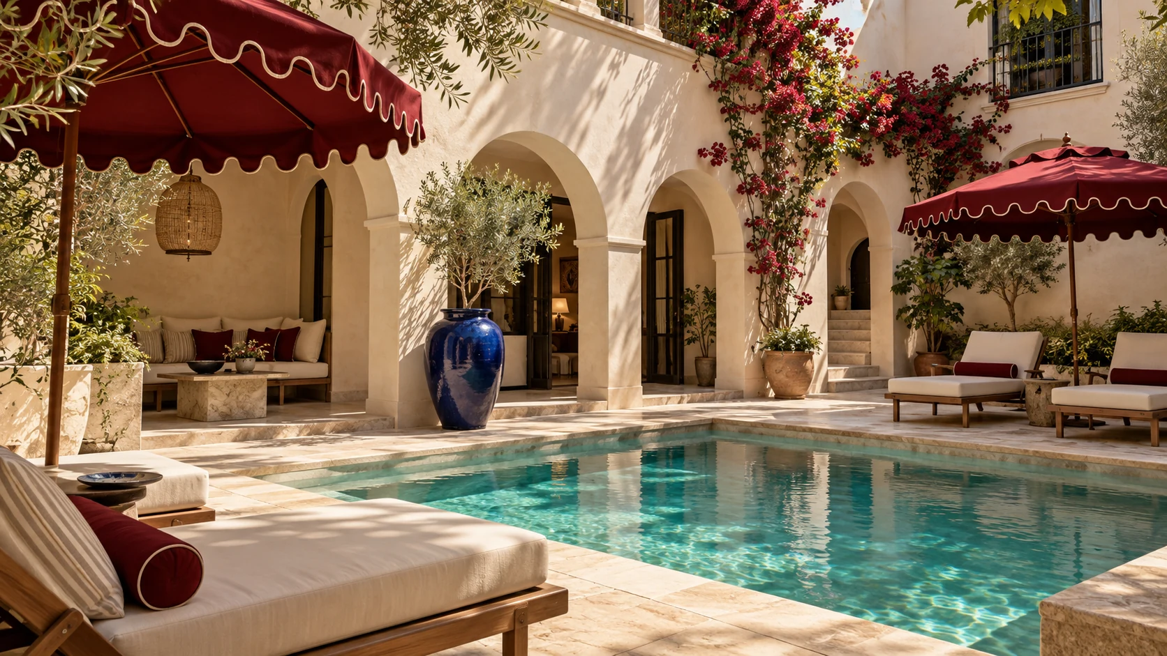boutique hotel pool courtyard with ivory arches, burgundy awnings and turquoise water.