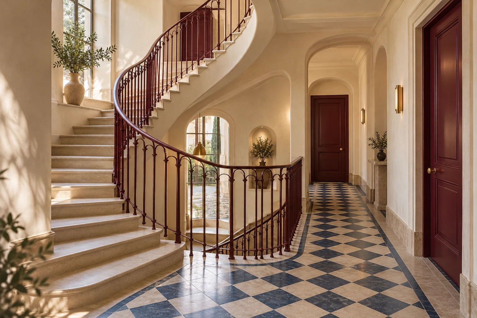 boutique hotel staircase with a burgundy railing and patterned floor.