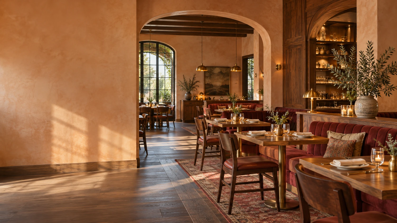 boutique hotel restaurant framed by an arch, with burgundy banquettes and daylight.