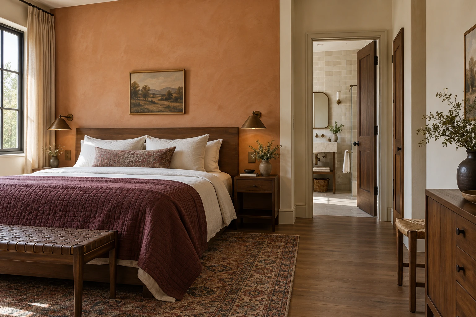boutique hotel guest room with burgundy textiles and peach walls.