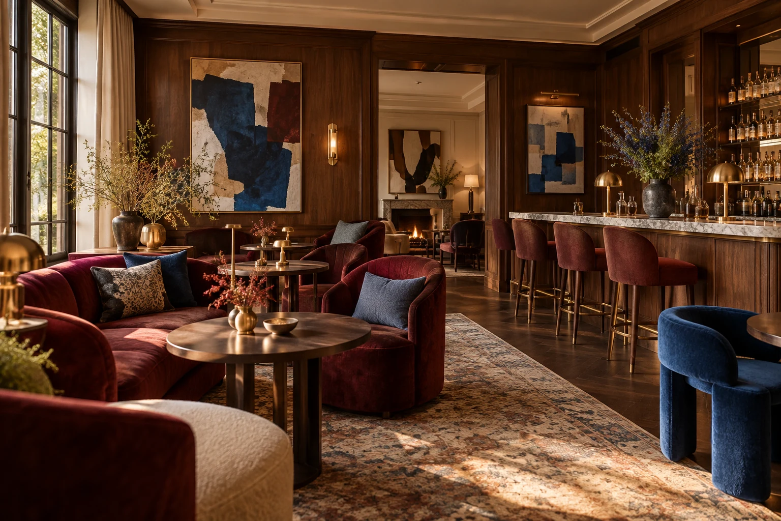 boutique hotel lounge with burgundy chairs, dark wood and warm afternoon light.